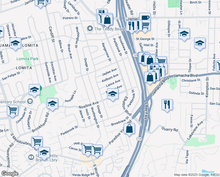map of restaurants, bars, coffee shops, grocery stores, and more near 8828 Milburn Avenue in Spring Valley