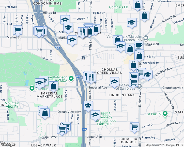 map of restaurants, bars, coffee shops, grocery stores, and more near 4712 Nogal Street in San Diego