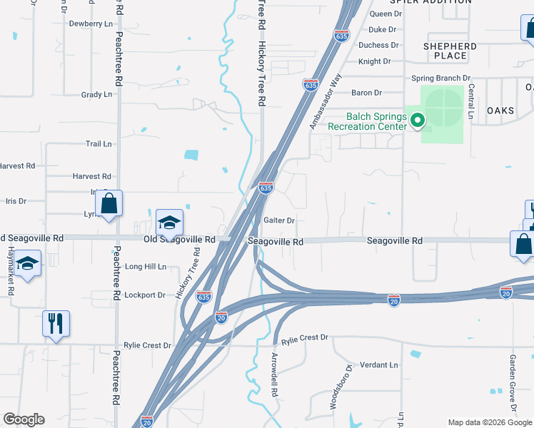 map of restaurants, bars, coffee shops, grocery stores, and more near 11901 Gaiter Drive in Balch Springs