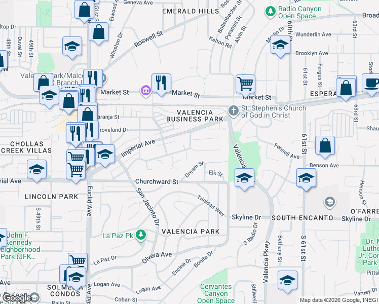 map of restaurants, bars, coffee shops, grocery stores, and more near 5491 Santa Margarita Street in San Diego