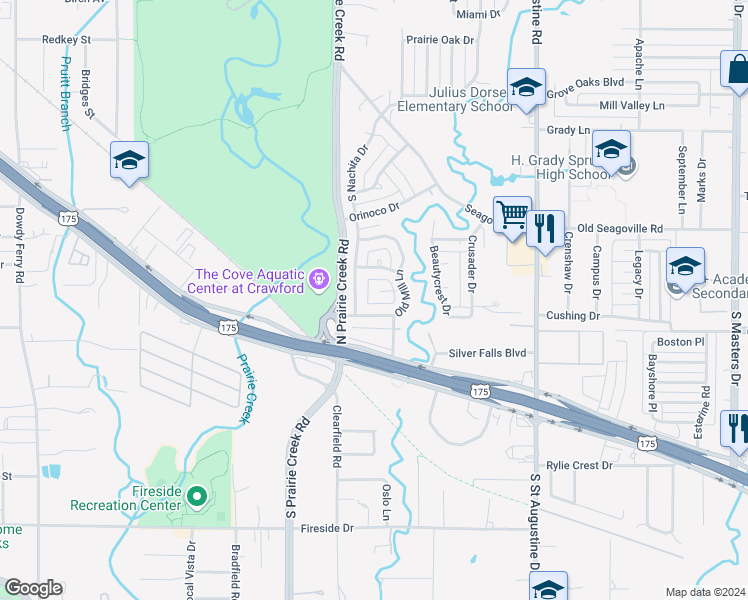 map of restaurants, bars, coffee shops, grocery stores, and more near 345 Old Mill Court in Dallas