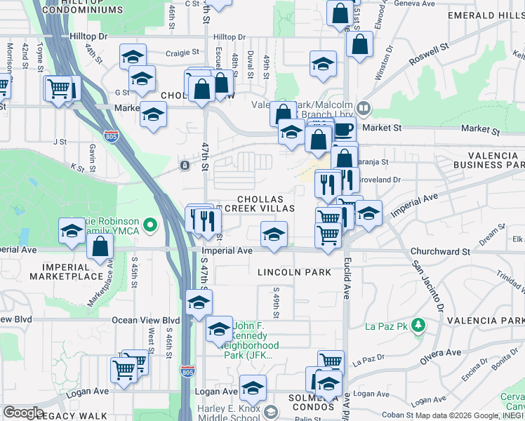 map of restaurants, bars, coffee shops, grocery stores, and more near in San Diego