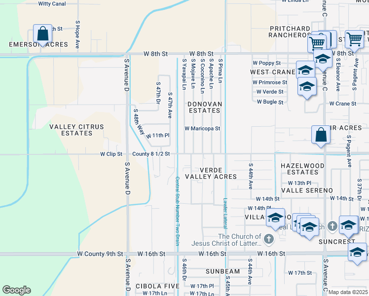 map of restaurants, bars, coffee shops, grocery stores, and more near 8479 S Yavapai Ln in Yuma