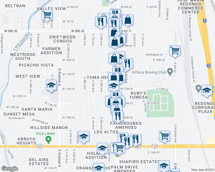 map of restaurants, bars, coffee shops, grocery stores, and more near 1160 South 5th Avenue in Yuma