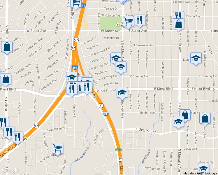 map of restaurants, bars, coffee shops, grocery stores, and more near 147 West Kiest Boulevard in Dallas