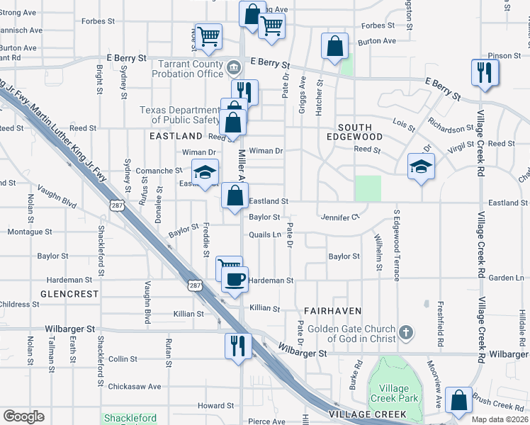 map of restaurants, bars, coffee shops, grocery stores, and more near 4221 Baylor St in Fort Worth