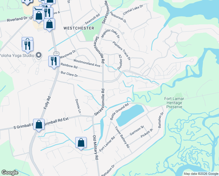 map of restaurants, bars, coffee shops, grocery stores, and more near 1239 Lakefront Drive in Charleston