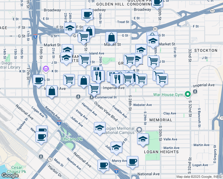 map of restaurants, bars, coffee shops, grocery stores, and more near 2667 Imperial Avenue in San Diego
