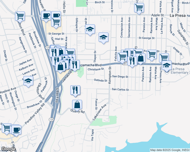 map of restaurants, bars, coffee shops, grocery stores, and more near 9043 Joan Street in Spring Valley