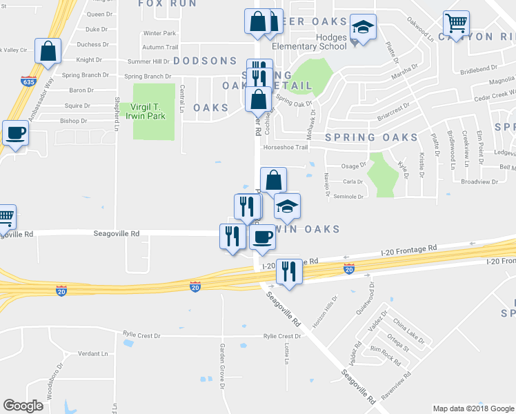map of restaurants, bars, coffee shops, grocery stores, and more near 4654 Pioneer Road in Balch Springs