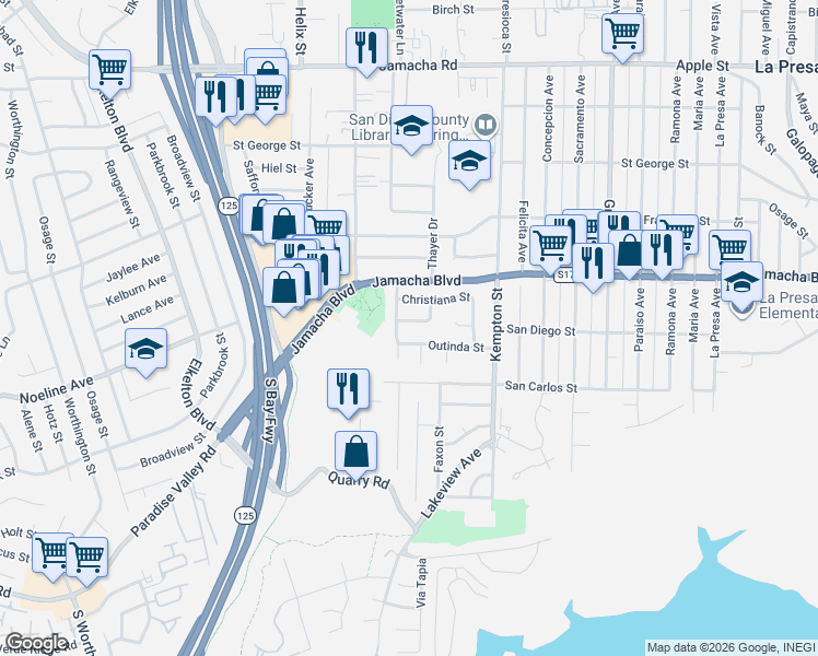 map of restaurants, bars, coffee shops, grocery stores, and more near 9011 Joan Street in Spring Valley