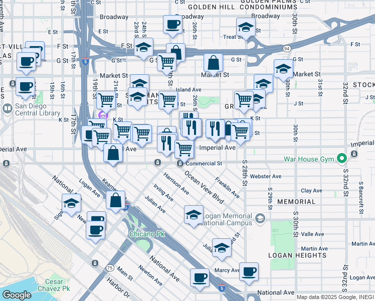 map of restaurants, bars, coffee shops, grocery stores, and more near 2501 Imperial Avenue in San Diego