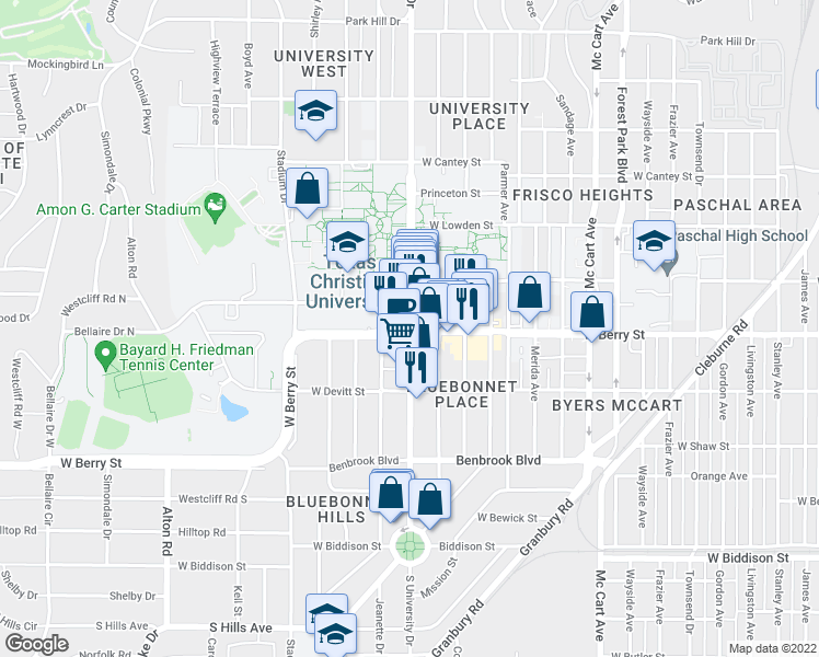 map of restaurants, bars, coffee shops, grocery stores, and more near W Berry St & S University Dr in Fort Worth