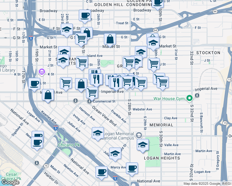 map of restaurants, bars, coffee shops, grocery stores, and more near 2701-11 Imperial Avenue in San Diego