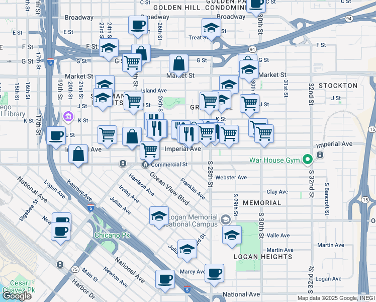 map of restaurants, bars, coffee shops, grocery stores, and more near 2701-11 Imperial Avenue in San Diego