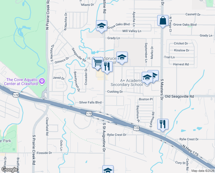 map of restaurants, bars, coffee shops, grocery stores, and more near 370 North Saint Augustine Drive in Dallas