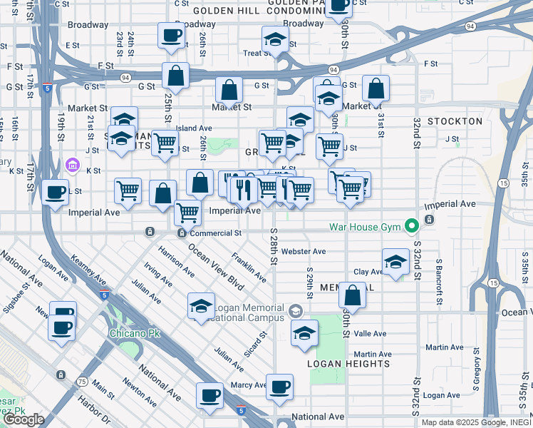 map of restaurants, bars, coffee shops, grocery stores, and more near 31 Evans Street in San Diego