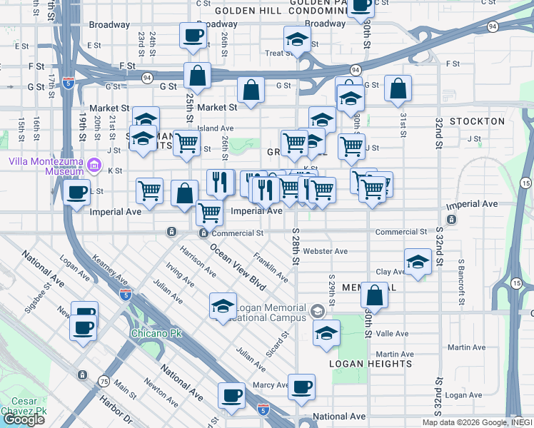 map of restaurants, bars, coffee shops, grocery stores, and more near 2711 Imperial Avenue in San Diego