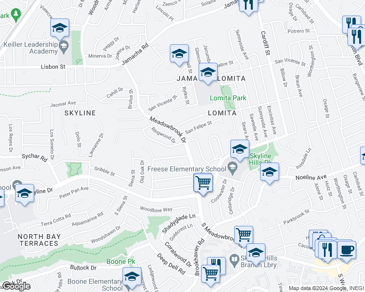 map of restaurants, bars, coffee shops, grocery stores, and more near 249 Meadowbrook Drive in San Diego