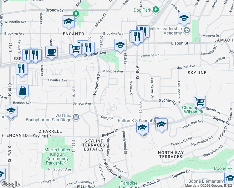 map of restaurants, bars, coffee shops, grocery stores, and more near 6714 Arinjade Way in San Diego