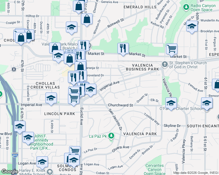 map of restaurants, bars, coffee shops, grocery stores, and more near 216 53rd Street in San Diego