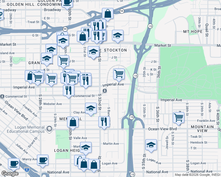 map of restaurants, bars, coffee shops, grocery stores, and more near 3273 Gillette Street in San Diego