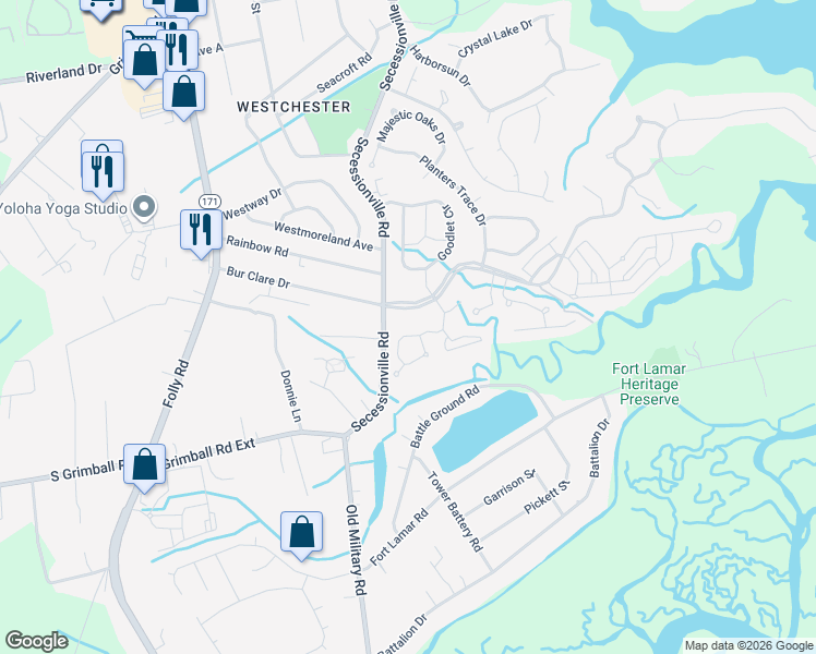 map of restaurants, bars, coffee shops, grocery stores, and more near 1239 Lakefront Drive in Charleston