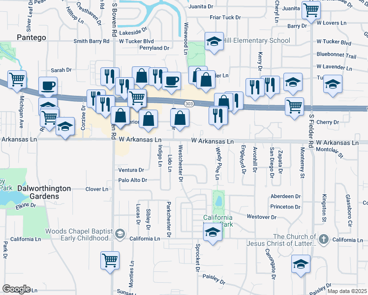 map of restaurants, bars, coffee shops, grocery stores, and more near 2304 Stockbridge Court in Pantego