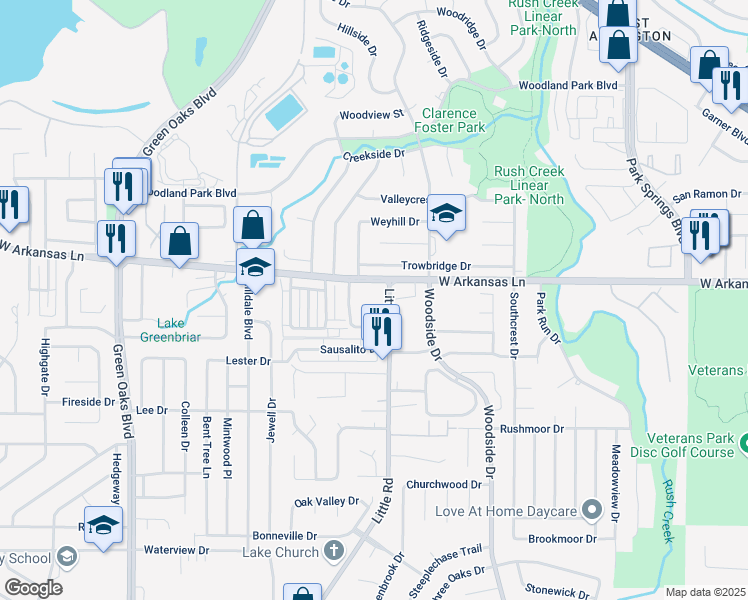 map of restaurants, bars, coffee shops, grocery stores, and more near 2309 Whisperton Drive in Arlington