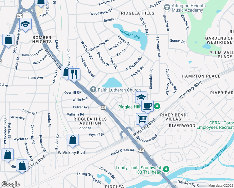 map of restaurants, bars, coffee shops, grocery stores, and more near 6873 Chickering Road in Fort Worth