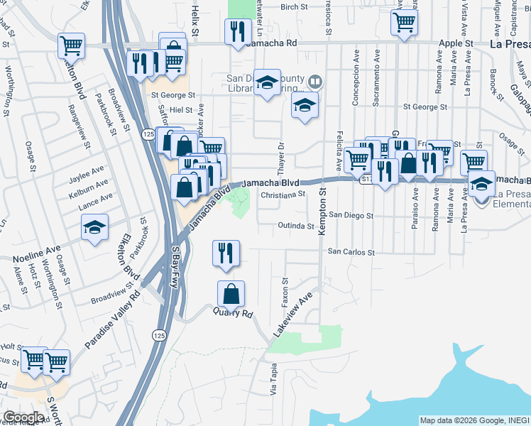 map of restaurants, bars, coffee shops, grocery stores, and more near 9011 Joan Street in Spring Valley