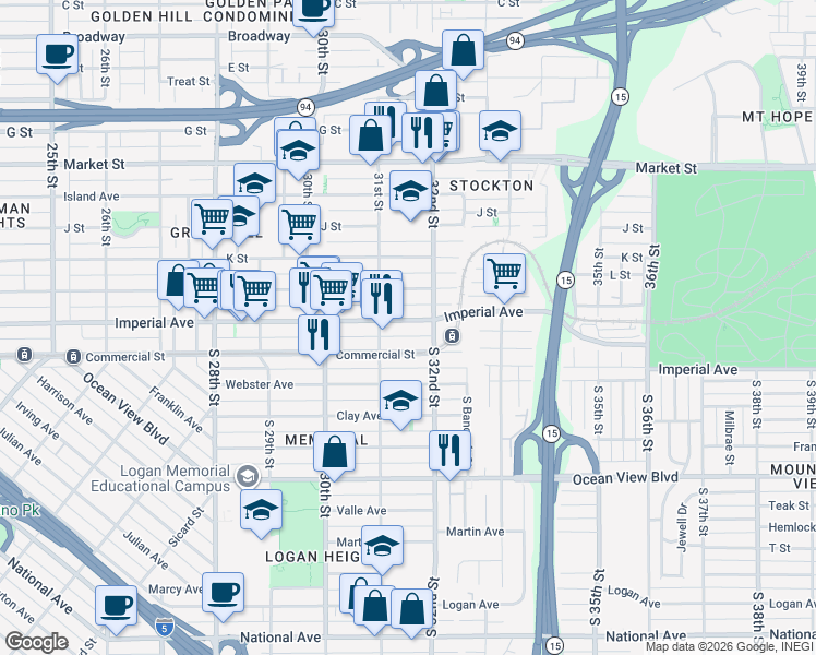 map of restaurants, bars, coffee shops, grocery stores, and more near 3161 Imperial Avenue in San Diego