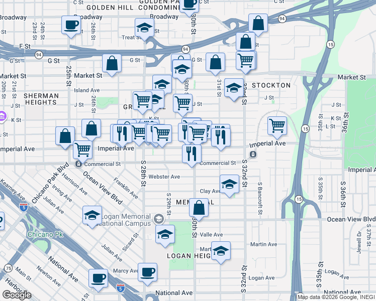 map of restaurants, bars, coffee shops, grocery stores, and more near 2971 Imperial Avenue in San Diego