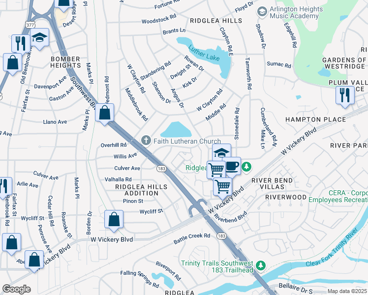 map of restaurants, bars, coffee shops, grocery stores, and more near 6873 Chickering Road in Fort Worth