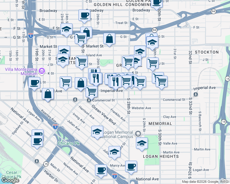 map of restaurants, bars, coffee shops, grocery stores, and more near 2711 Imperial Avenue in San Diego