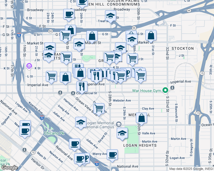 map of restaurants, bars, coffee shops, grocery stores, and more near 2751 Imperial Avenue in San Diego