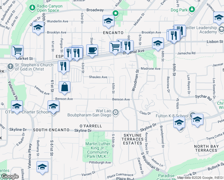 map of restaurants, bars, coffee shops, grocery stores, and more near 250 65th Street in San Diego