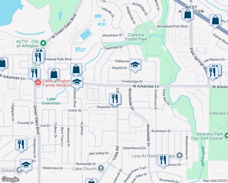 map of restaurants, bars, coffee shops, grocery stores, and more near 2300 Little Road in Arlington