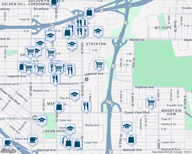 map of restaurants, bars, coffee shops, grocery stores, and more near 3273 Gillette Street in San Diego