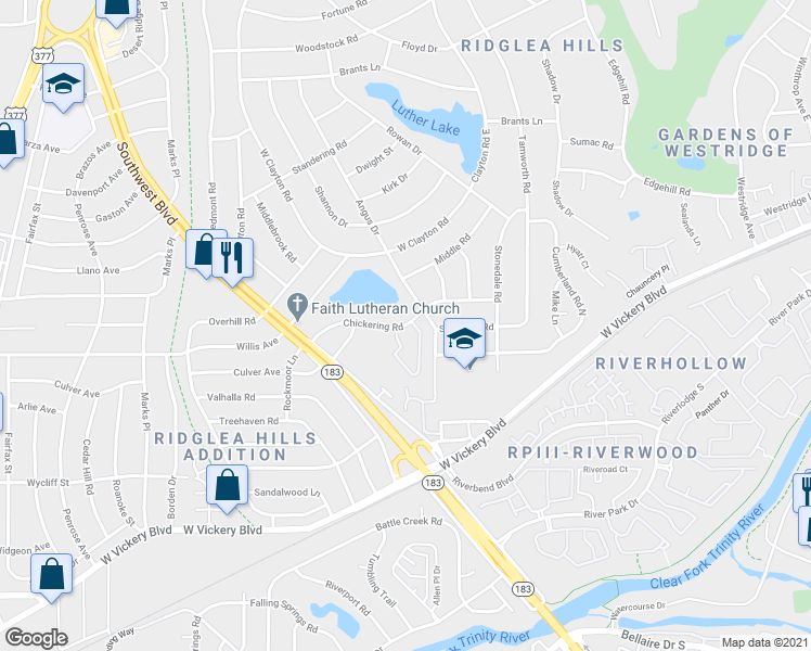 map of restaurants, bars, coffee shops, grocery stores, and more near Chickering Road in Fort Worth