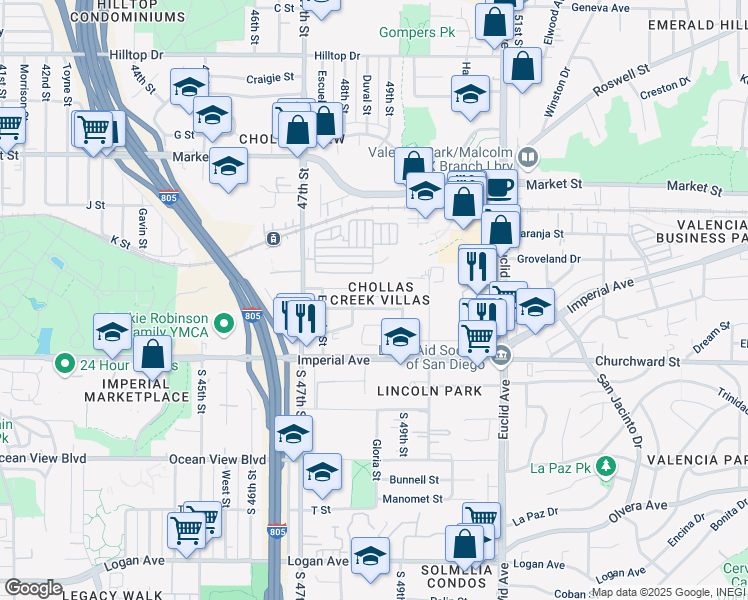 map of restaurants, bars, coffee shops, grocery stores, and more near in San Diego