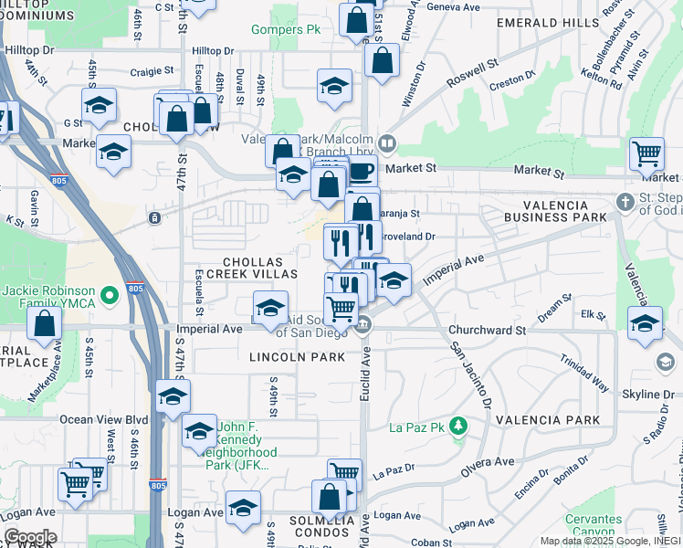 map of restaurants, bars, coffee shops, grocery stores, and more near 220 Euclid Avenue in San Diego