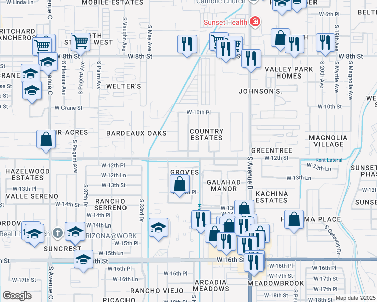 map of restaurants, bars, coffee shops, grocery stores, and more near 1199 S Appaloosa Ave in Yuma
