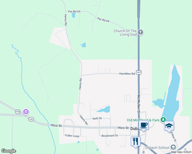 map of restaurants, bars, coffee shops, grocery stores, and more near 269 Hamilton Road in Dubach
