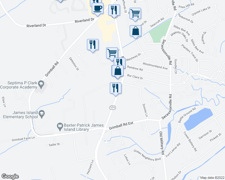 map of restaurants, bars, coffee shops, grocery stores, and more near 1573 Folly Road in Charleston