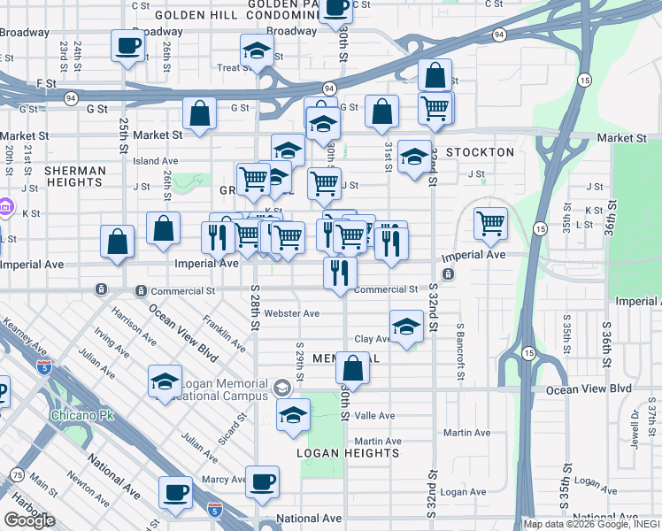map of restaurants, bars, coffee shops, grocery stores, and more near 2 Imperial Avenue in San Diego