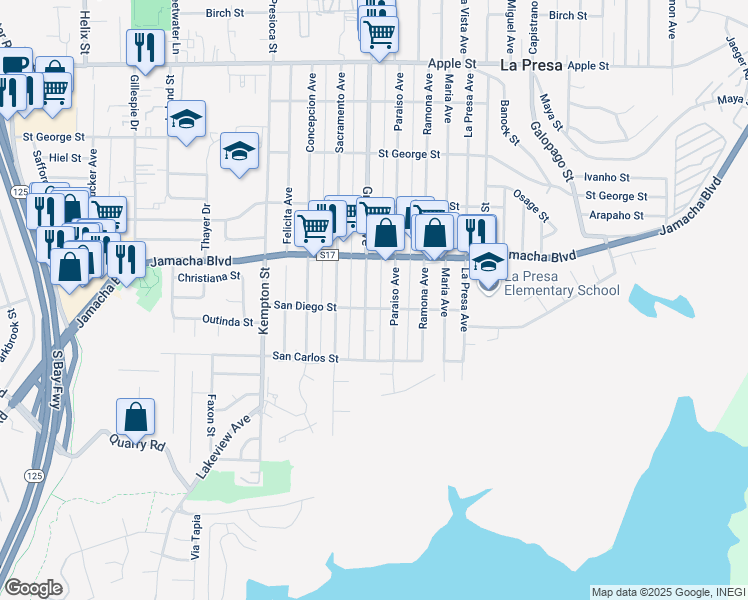 map of restaurants, bars, coffee shops, grocery stores, and more near 9415 San Diego Street in Spring Valley