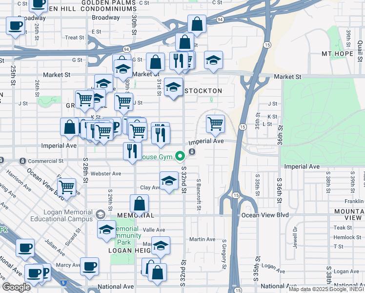map of restaurants, bars, coffee shops, grocery stores, and more near Imperial Avenue in San Diego