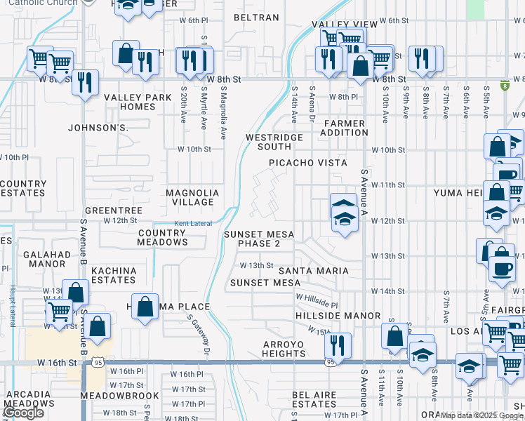 map of restaurants, bars, coffee shops, grocery stores, and more near 1600 West 12th Street in Yuma