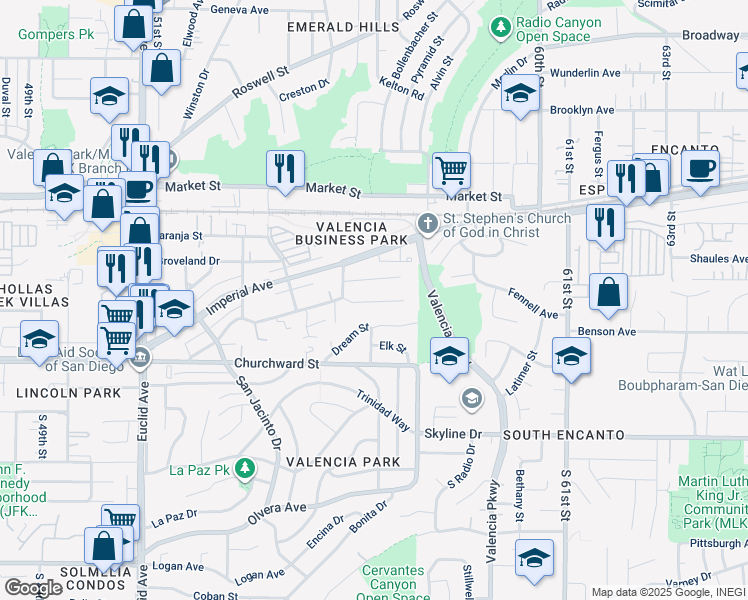 map of restaurants, bars, coffee shops, grocery stores, and more near 5581 Santa Margarita Street in San Diego
